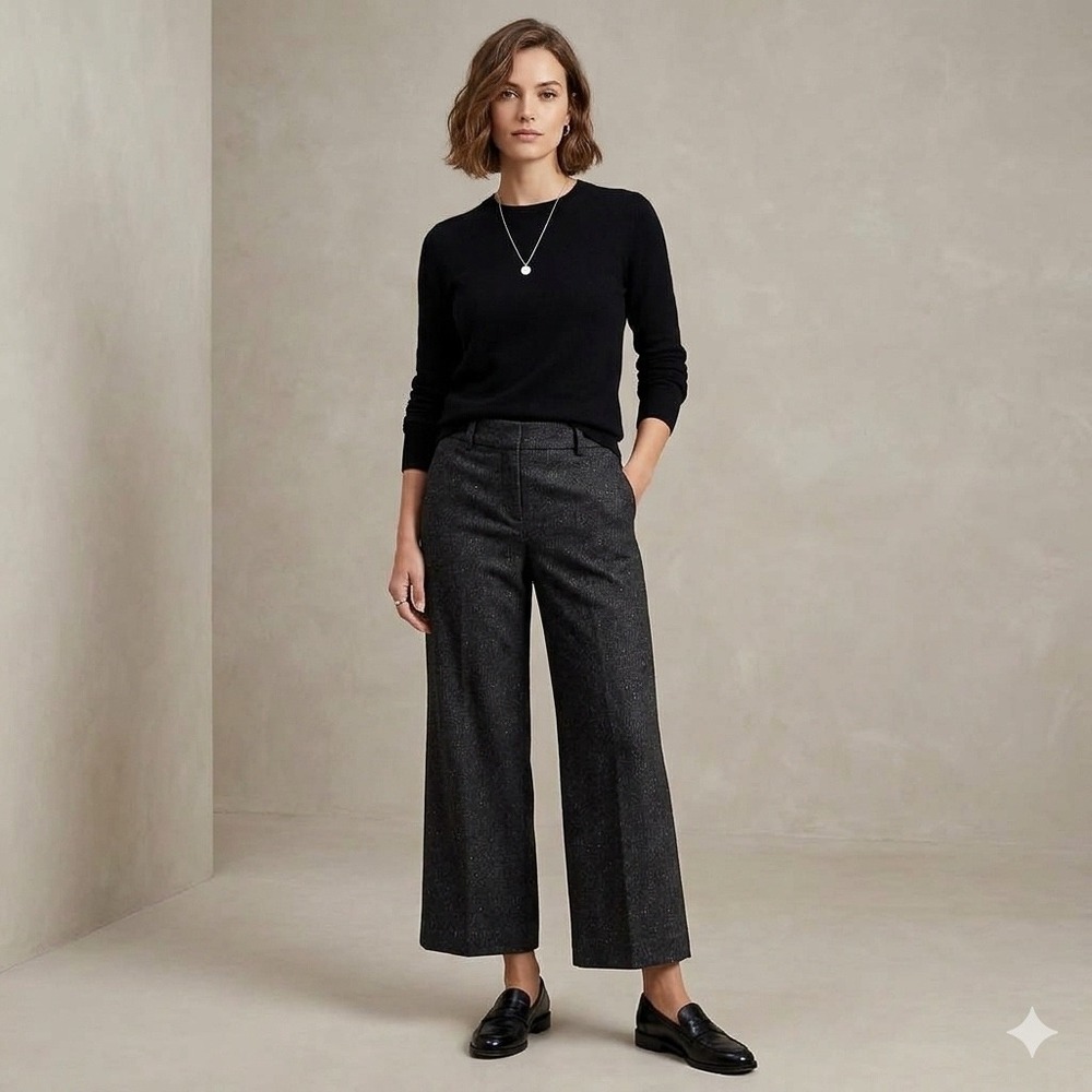 Talbots Multi-tonal Herringbone Tweed Wool Blend Wide-Leg Cropped Trousers -Sz 4